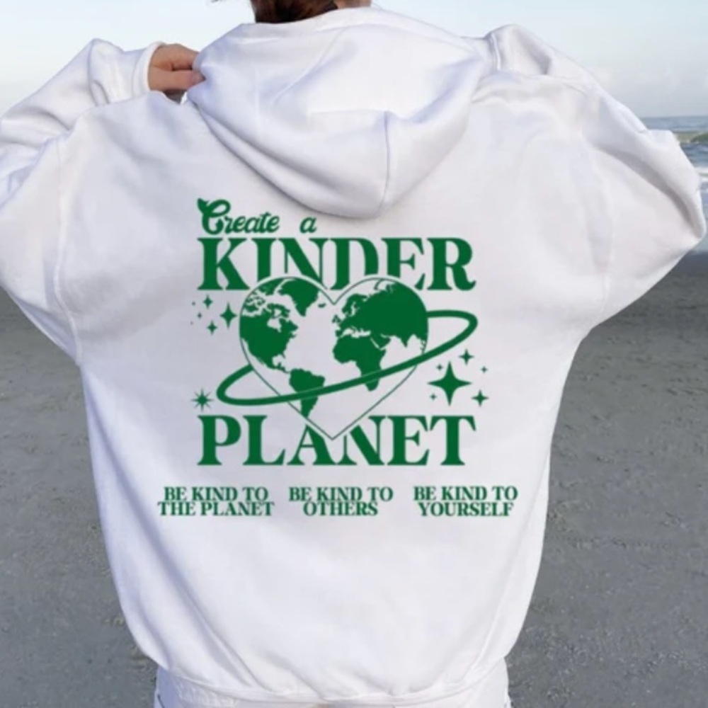 Kinder Planet white hoodie.